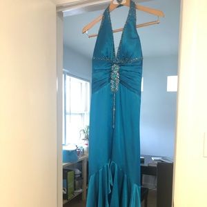 Blue Halter Top beaded silky formal dress
